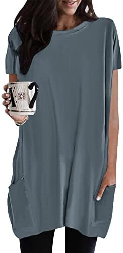 חולצות לנשים 2023 קיץ שרוול מזדמן קצר צוואר עגול טוניקה חולצות ארוכות חולצות טריקו עם כיסים עם כיסים