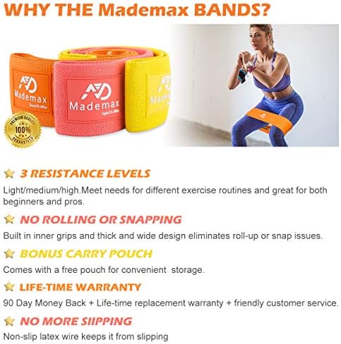 להקות התנגדות Mademax לרגליים וישבן, להקות אימון בד, לולאות אימונים נמתחות, לולאות אימונים, עבות ללא החלקה על