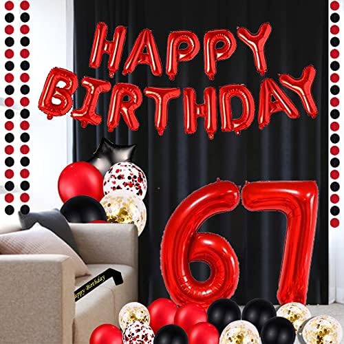 קישוטי מסיבת יום הולדת 67 אדום מספקת נושא אדום 16 אינץ 'כסף אדום יום הולדת שמח בלונים באנר