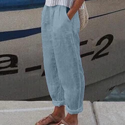 כותנה פשתן קאפרי מכנסיים נשים מקרית קיץ קאפרי מכנסיים עם כיסים גבוהה מותן קומפי חוף מכנסיים שן הארי הרמון מכנסיים